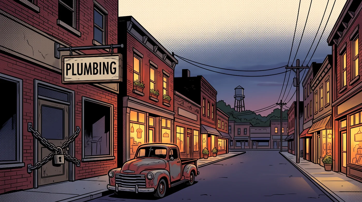 A small Georgia main street at dusk, one dark storefront wrapped in chains with a sign reading PLUMBING