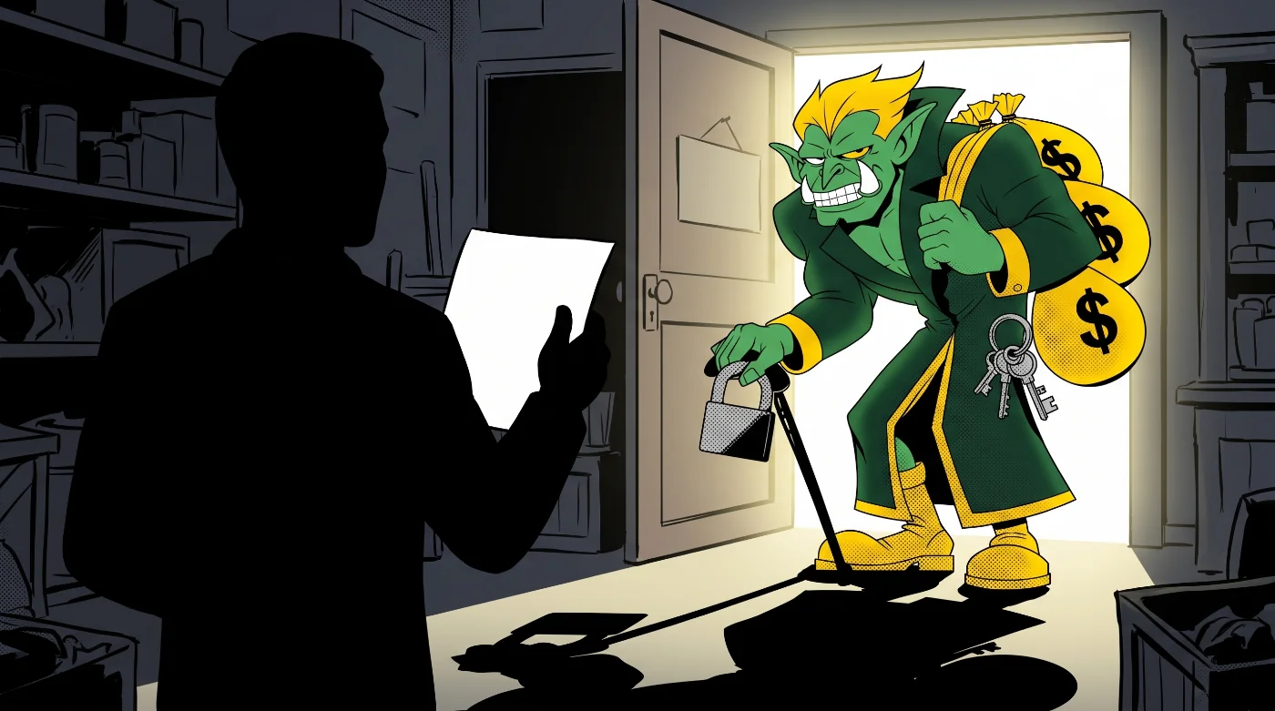 The owner holds up a contract while Greedlock looms in the doorway with money bags and a padlock cane