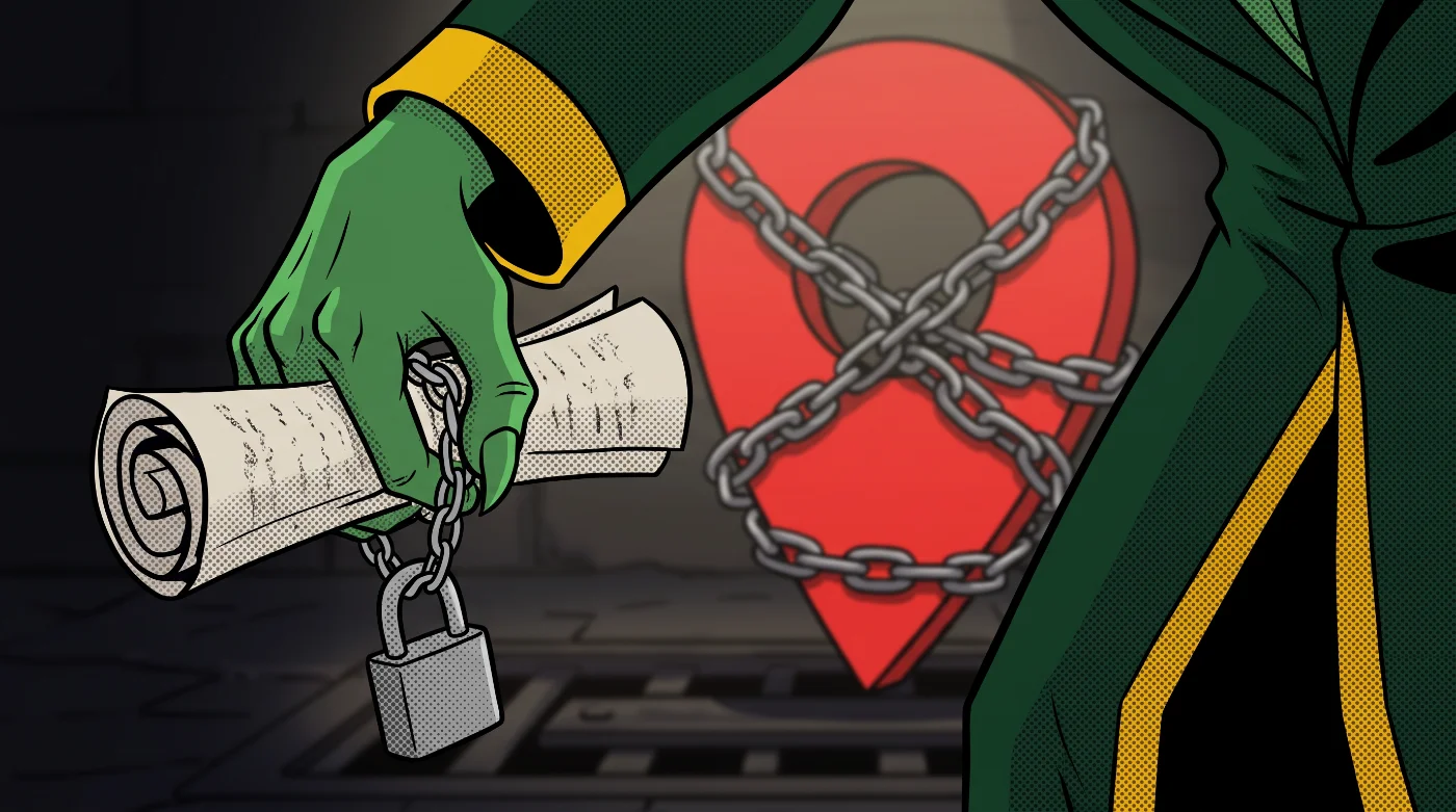 A clawed green hand dangles a chained contract scroll in front of a map pin wrapped in chains