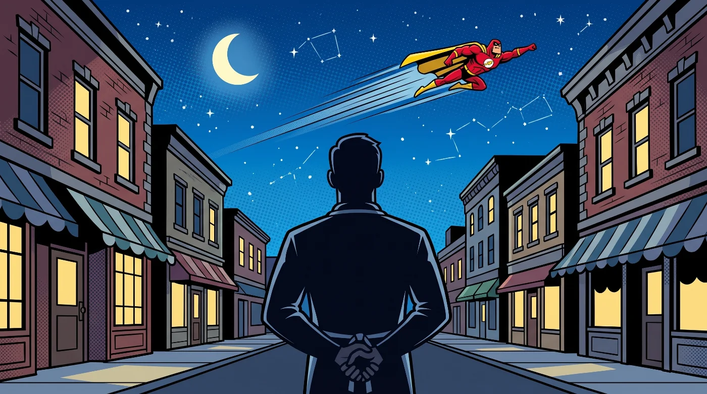 The owner watches from the sidewalk as a caped hero streaks across the night sky