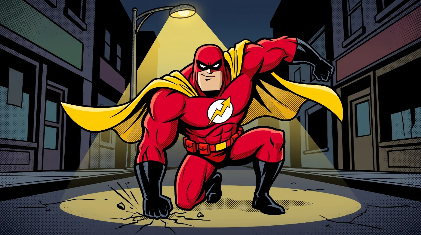 Captain Rank in a superhero landing crouch under a streetlight