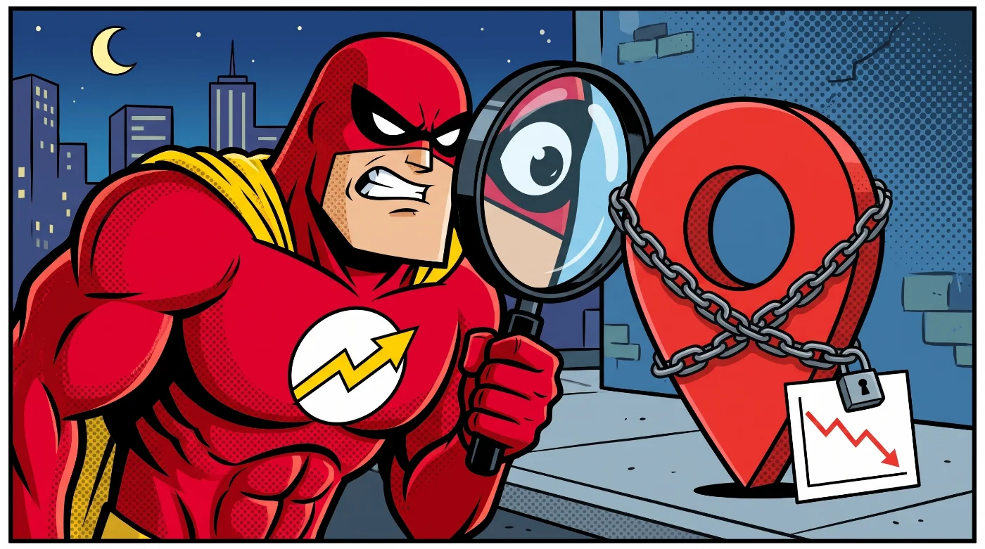 Captain Rank inspects the chained map pin through a magnifying glass beside a flat ranking chart