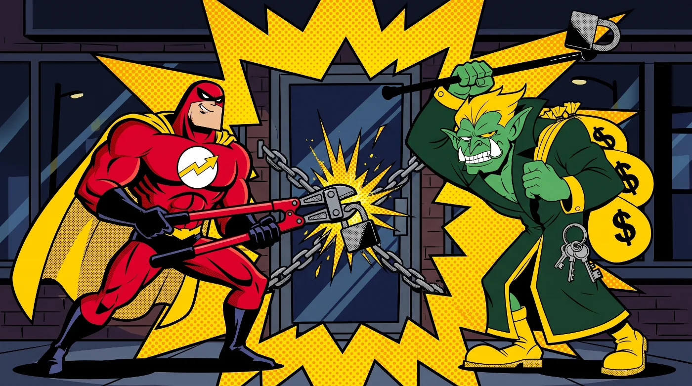 Captain Rank cuts a heavy chain with boltcutters while Greedlock swings his padlock cane