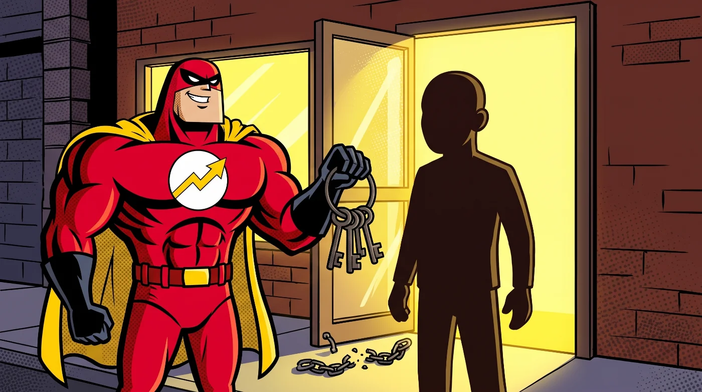 Captain Rank holds out a ring of keys to the owner in front of the shop door, a broken chain on the ground