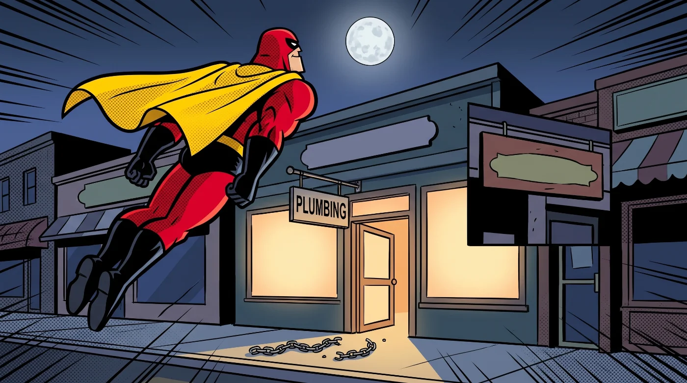 Captain Rank flies over the lit-up street, the shop door open below and the chain broken on the sidewalk